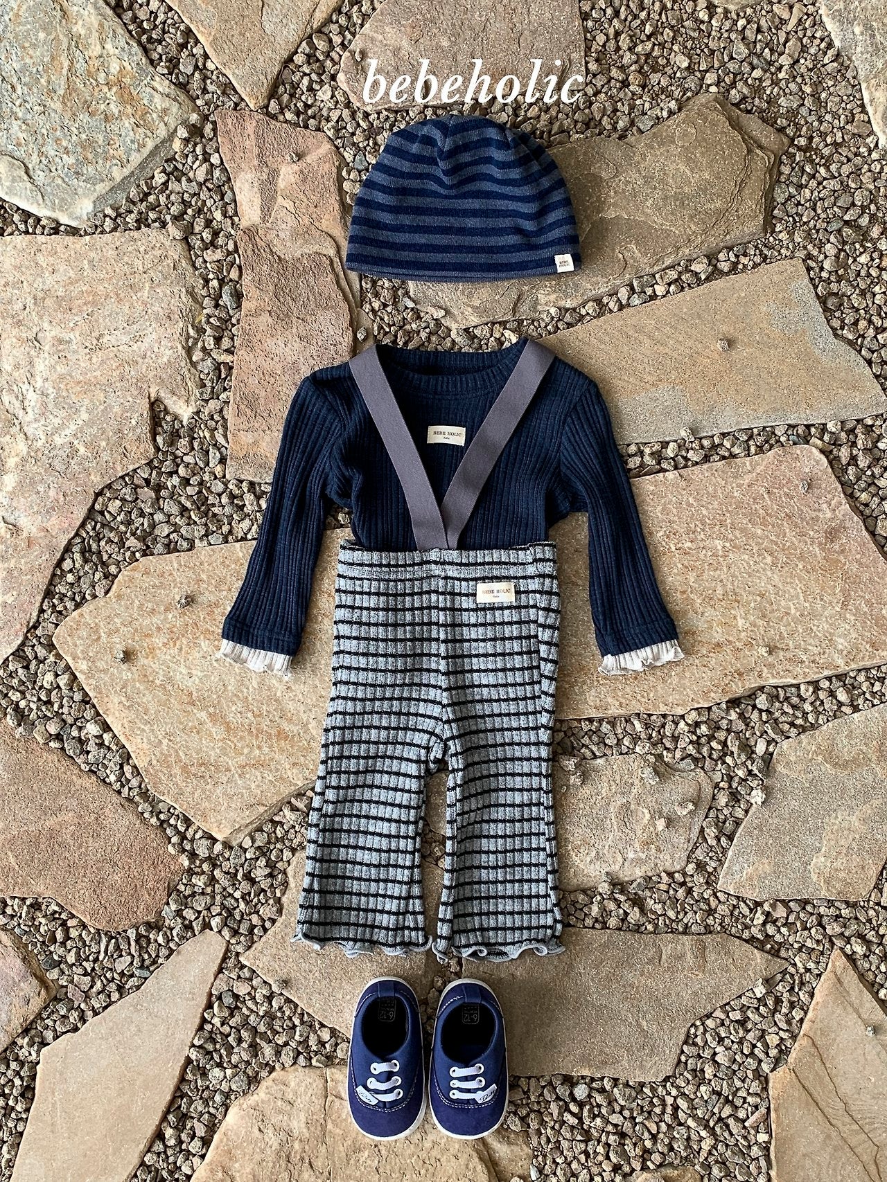 ［bebe holic］Rissa stripe suspender pants
