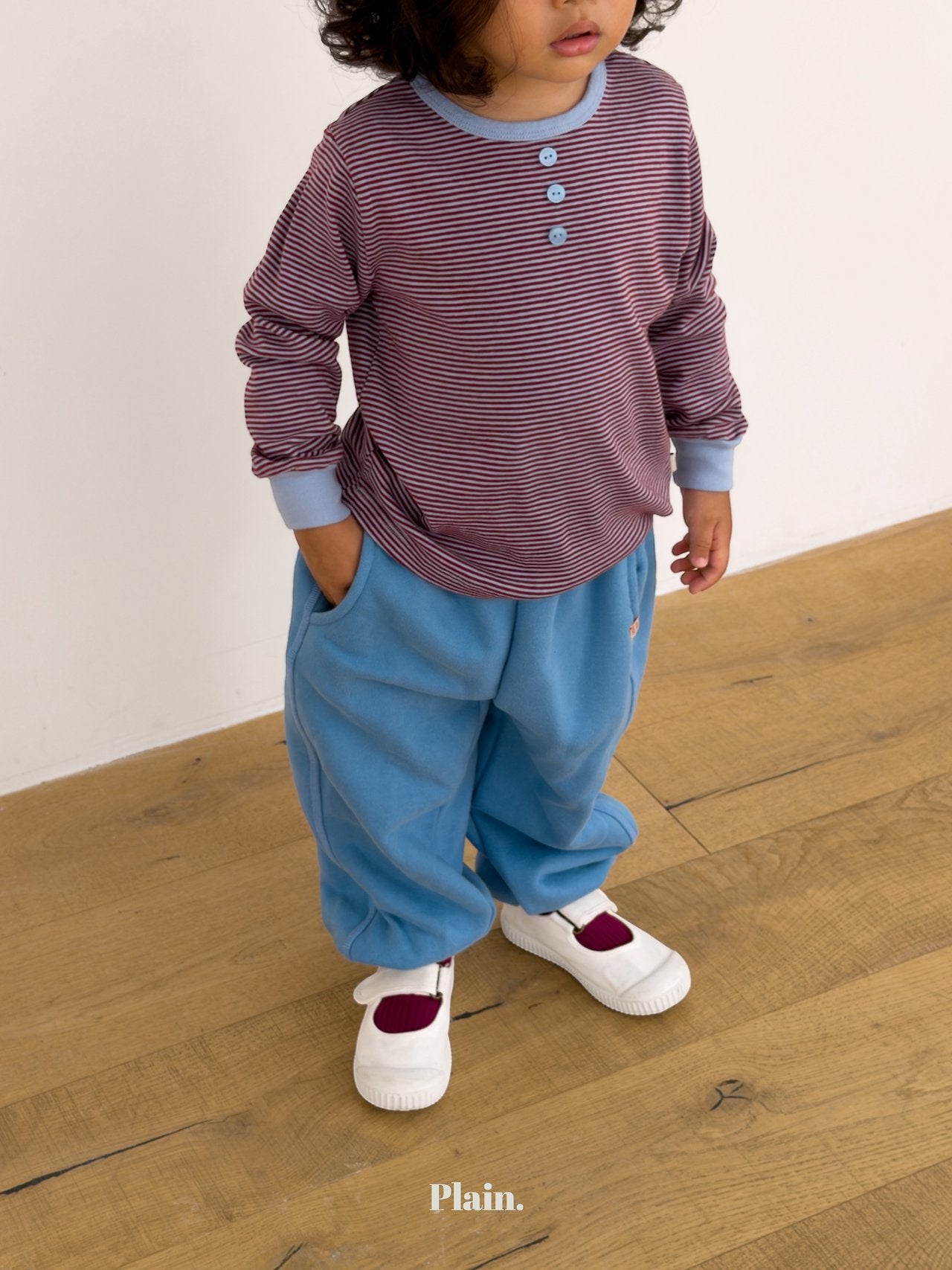 ［plain］Button stripe tee