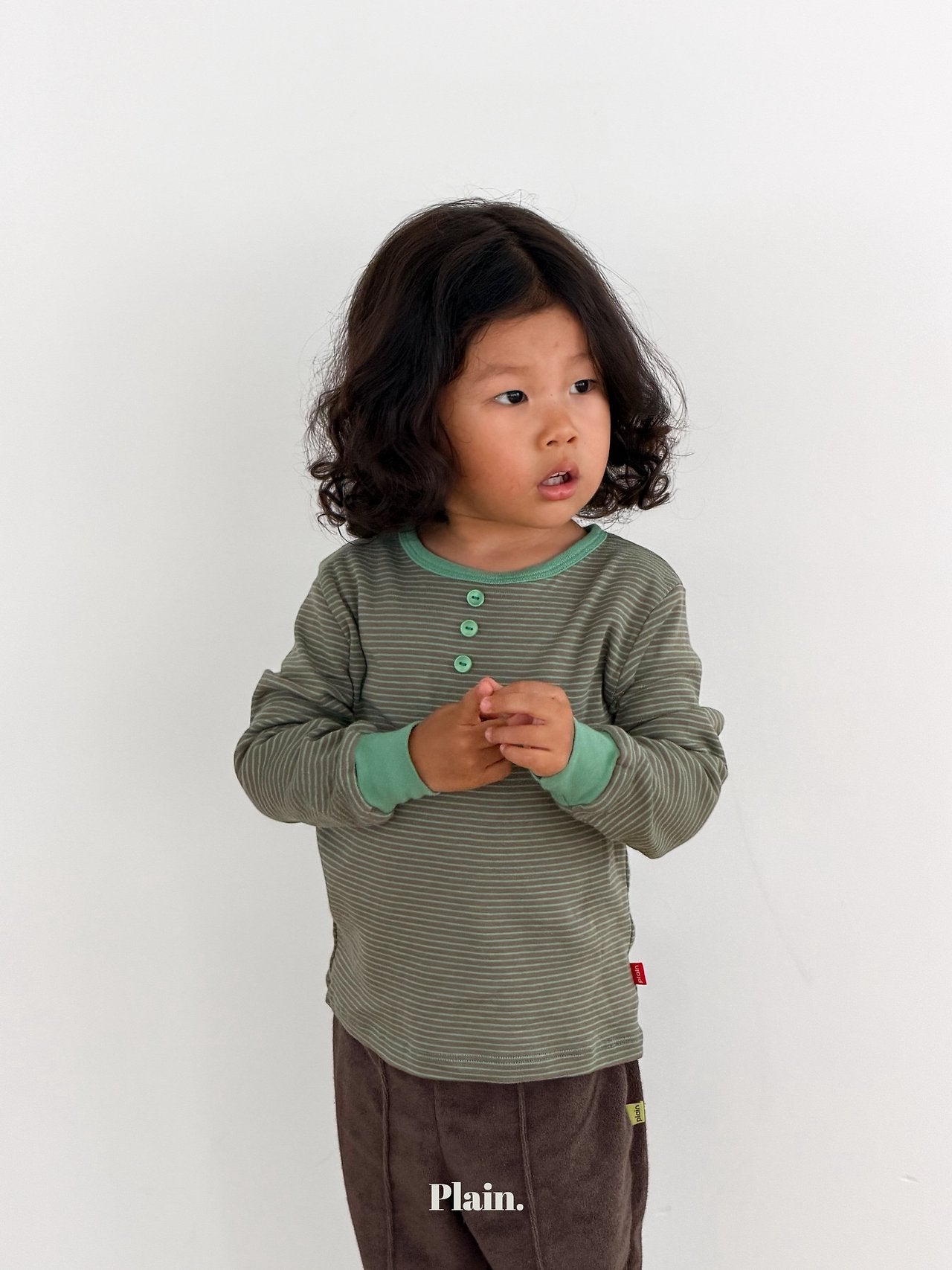 ［plain］Button stripe tee