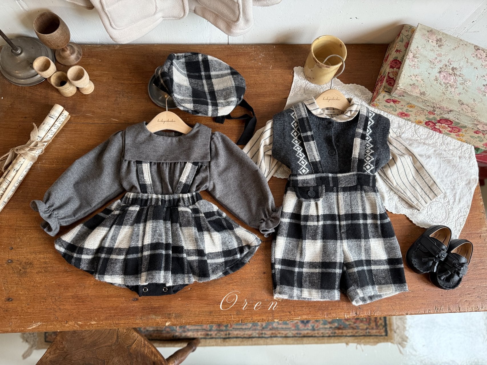 ［OREN］Brunel check suspender half pants