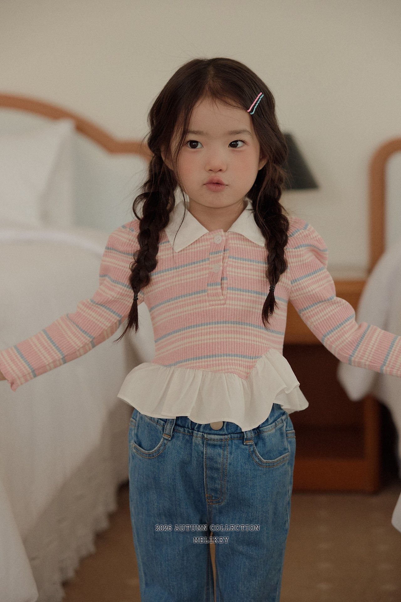 ［Melikey］Stripe collar frill tops