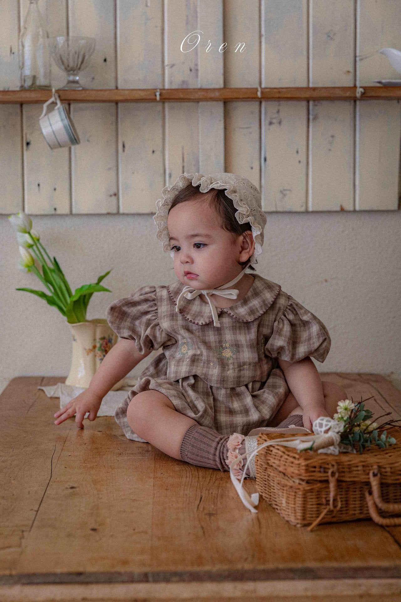 ［OREN］Check embroidery rompers