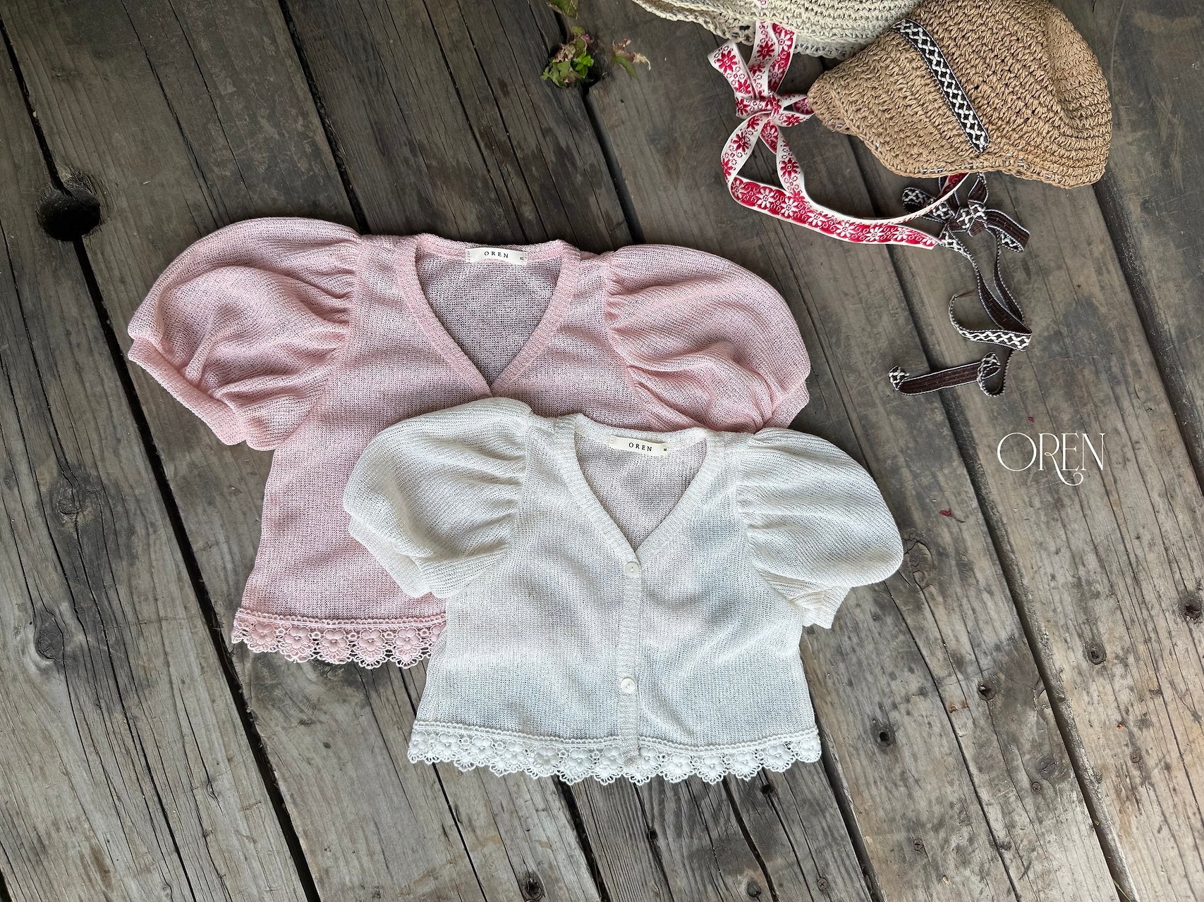 ［OREN］Linen puff lace cardigan