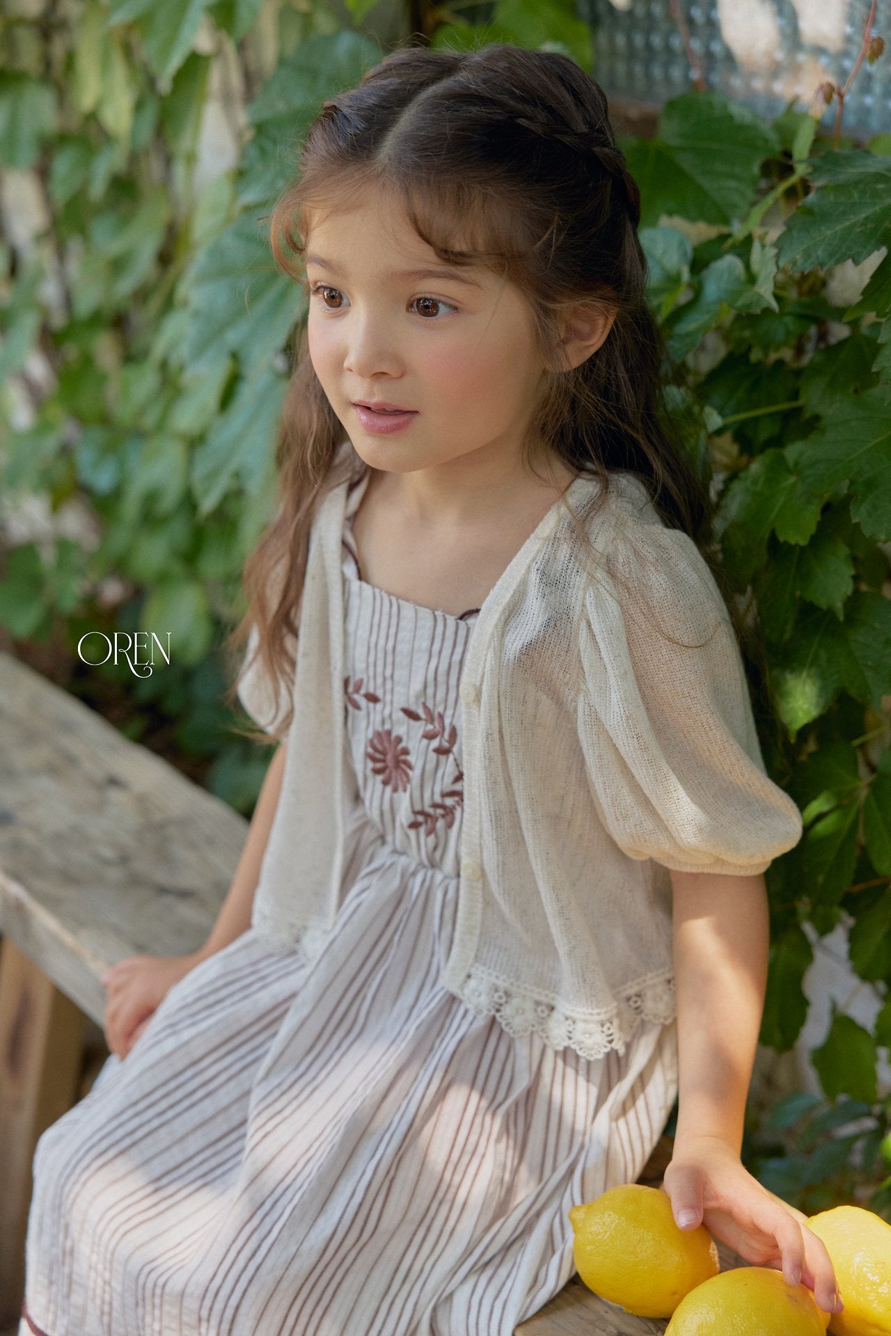 ［OREN］Linen puff lace cardigan