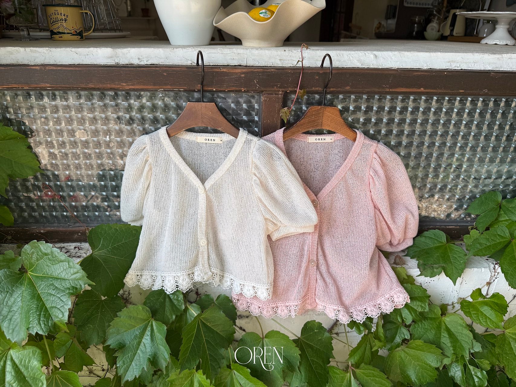 ［OREN］Linen puff lace cardigan