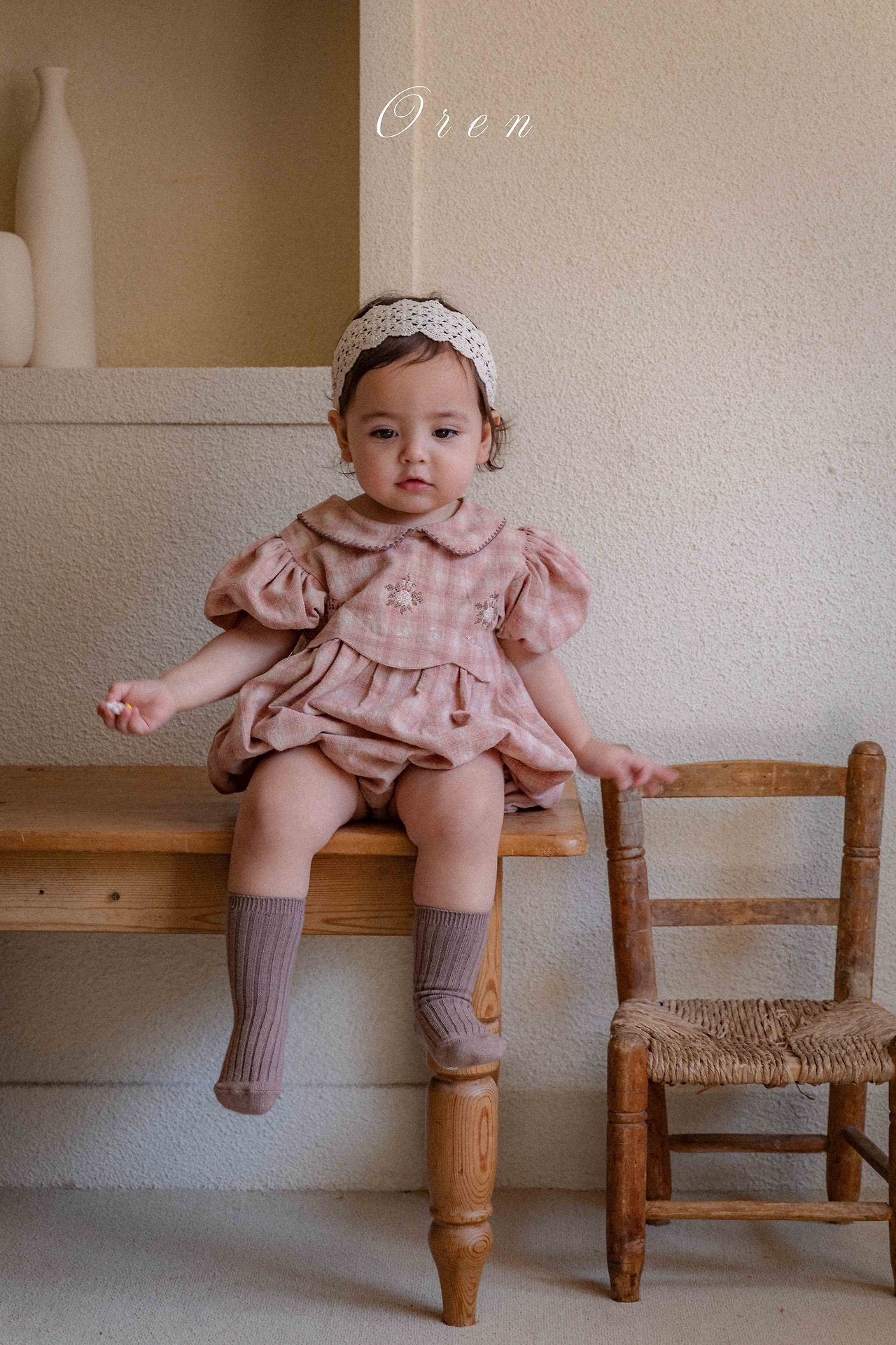 ［OREN］Check embroidery rompers