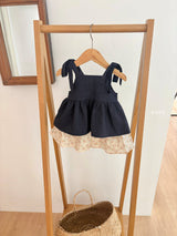 ［ohho］Soft denim ribbon blouse