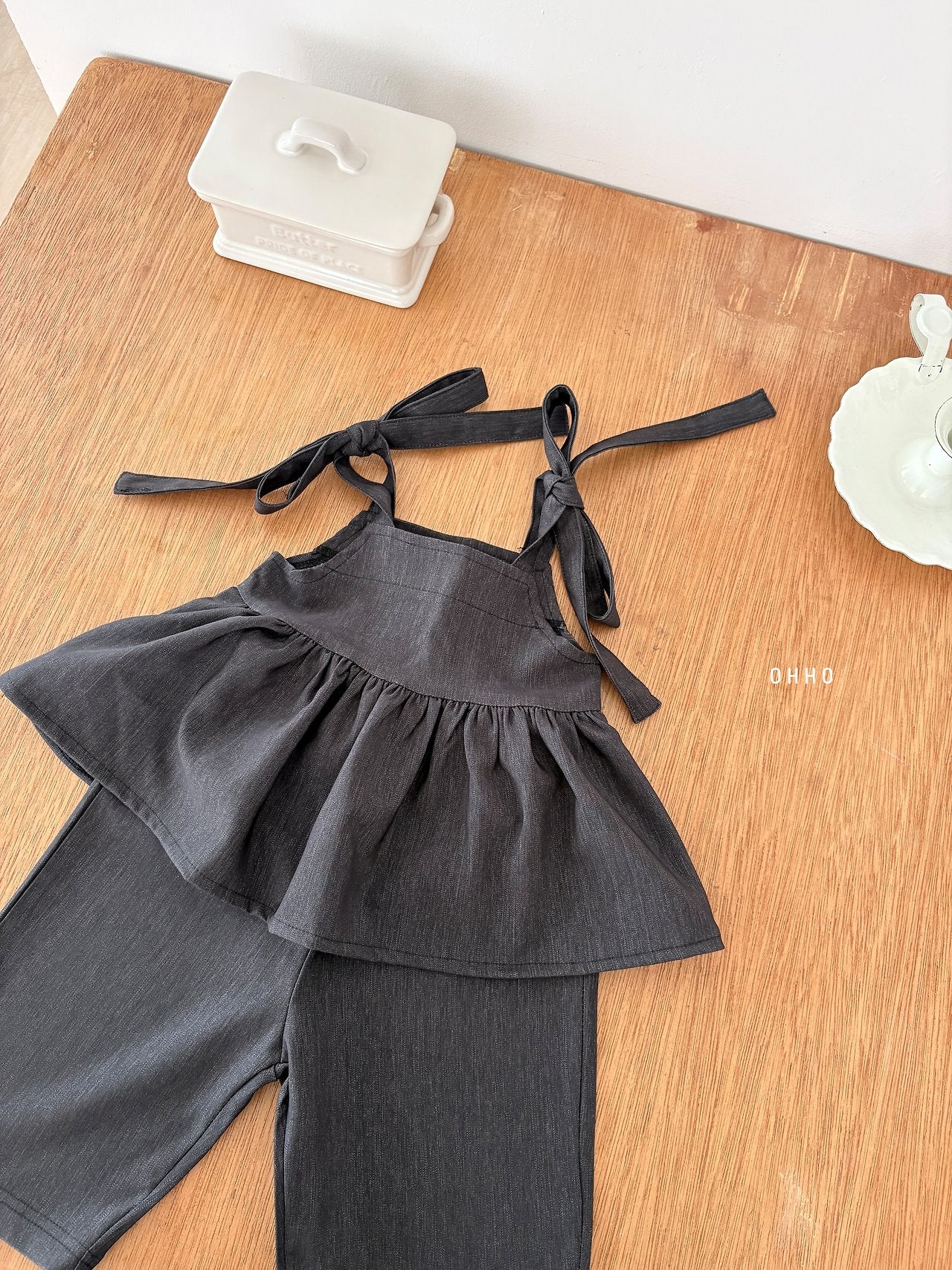 ［ohho］Soft denim ribbon blouse