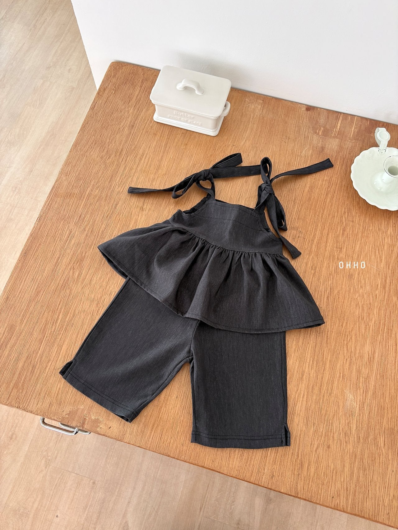 ［ohho］Soft denim ribbon blouse