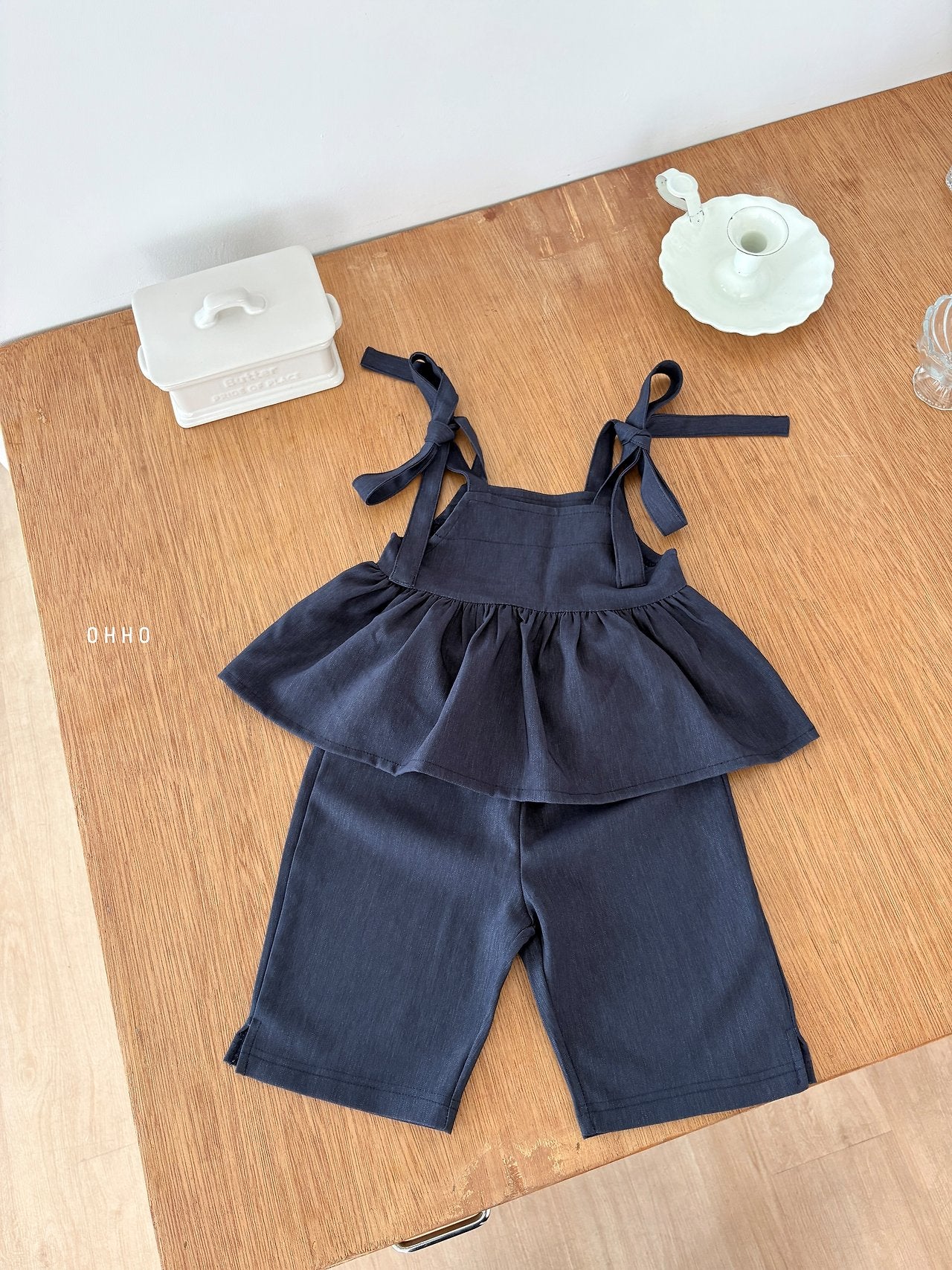 ［ohho］Soft denim ribbon blouse