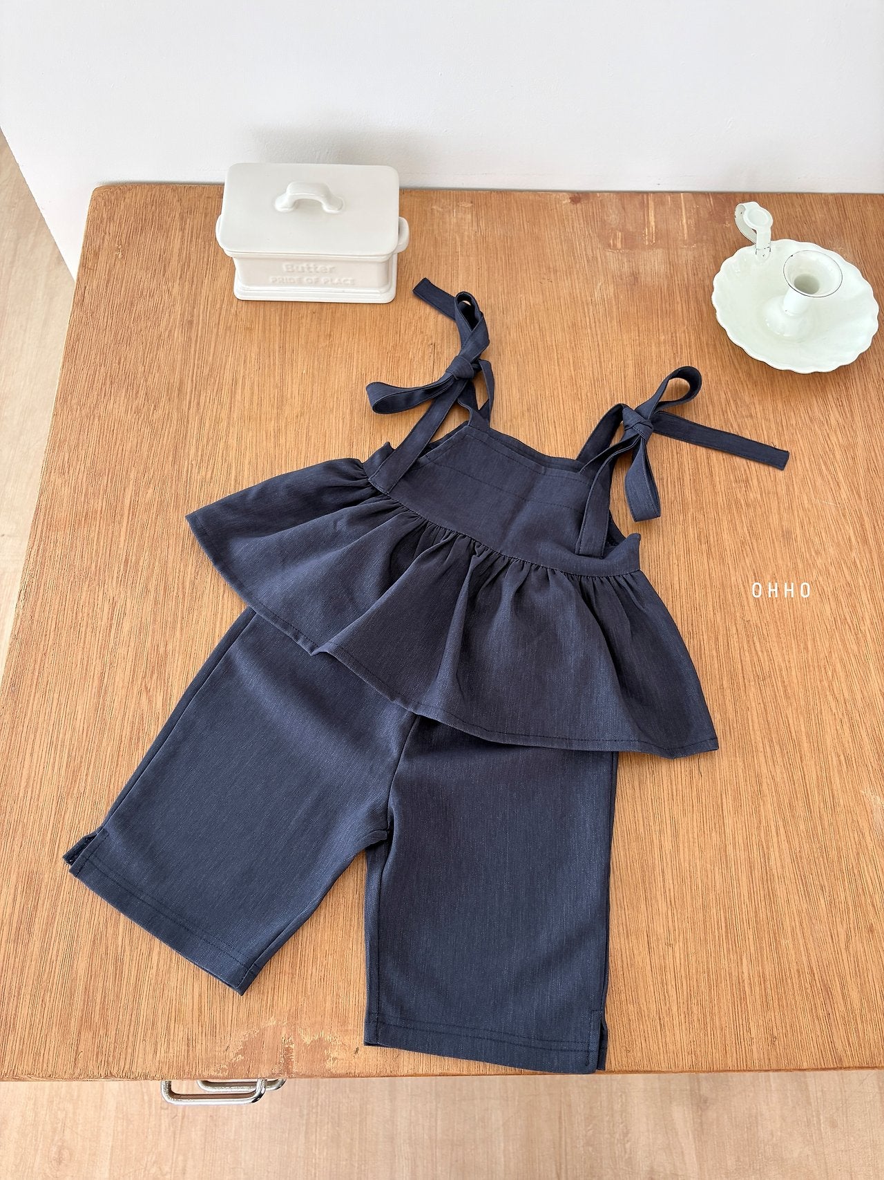 ［ohho］Soft denim ribbon blouse
