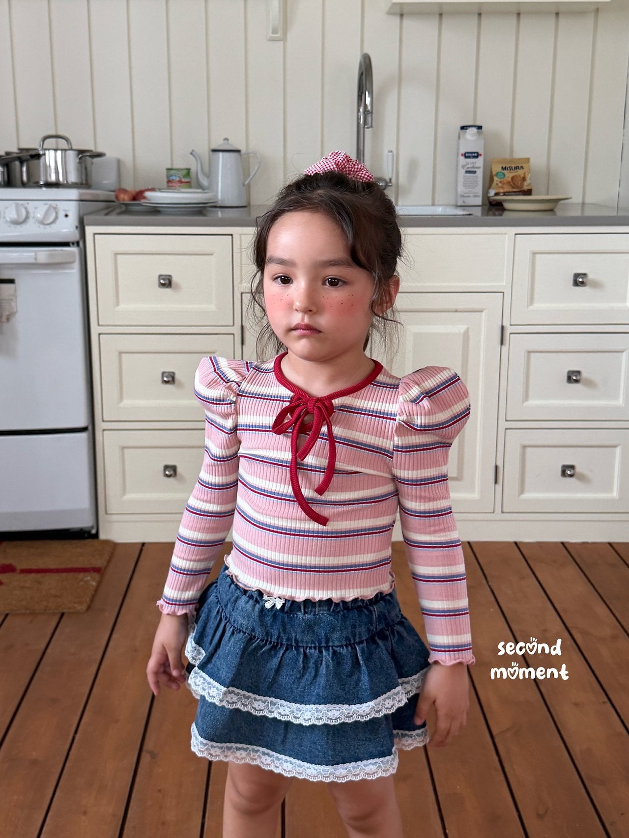［second moment］Bubble stripe ribbon tops