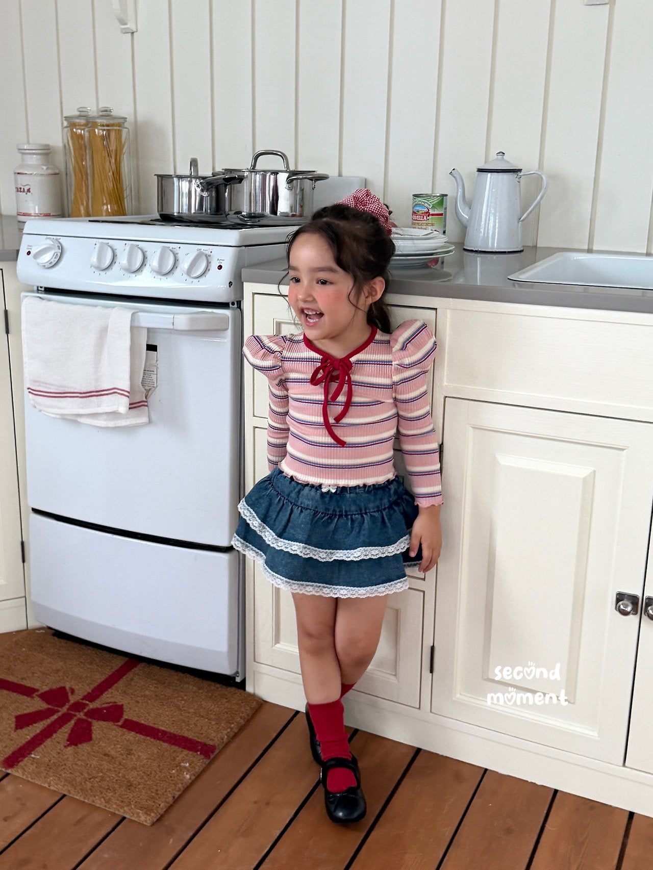［second moment］Bubble stripe ribbon tops