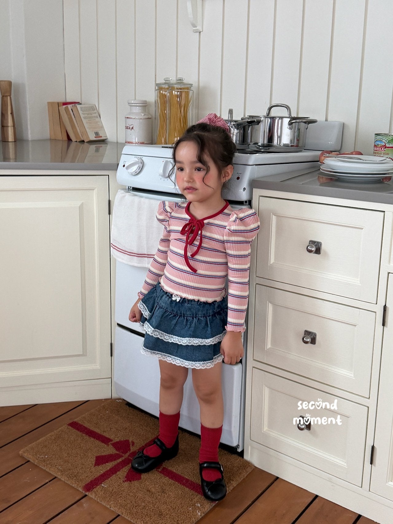 ［second moment］Bubble stripe ribbon tops
