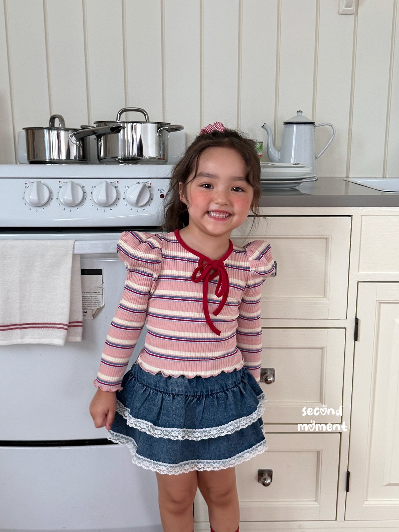 ［second moment］Bubble stripe ribbon tops