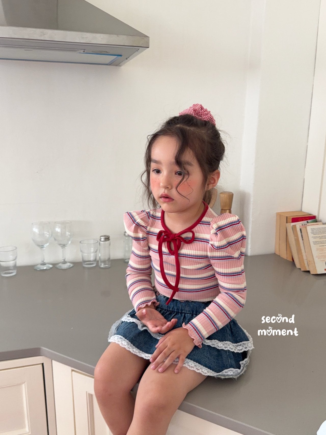 ［second moment］Bubble stripe ribbon tops