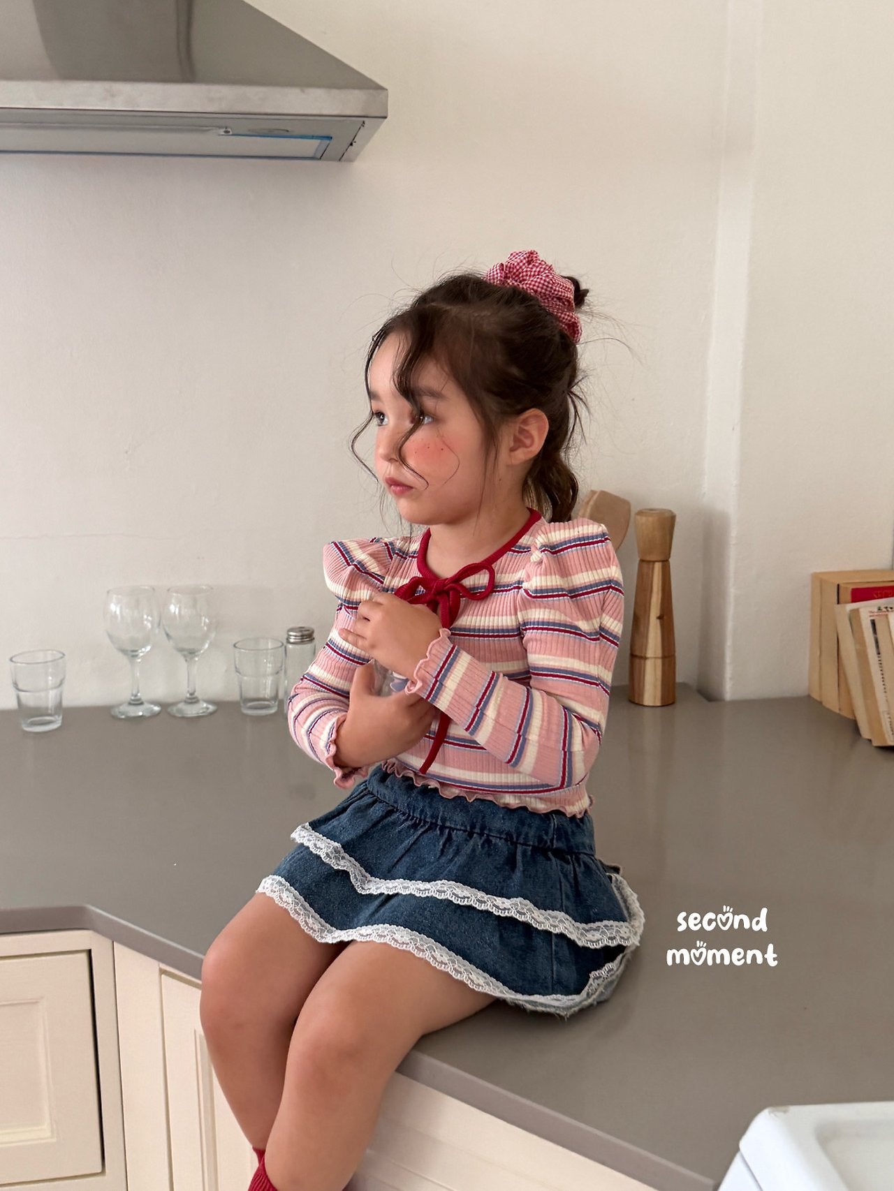 ［second moment］Bubble stripe ribbon tops