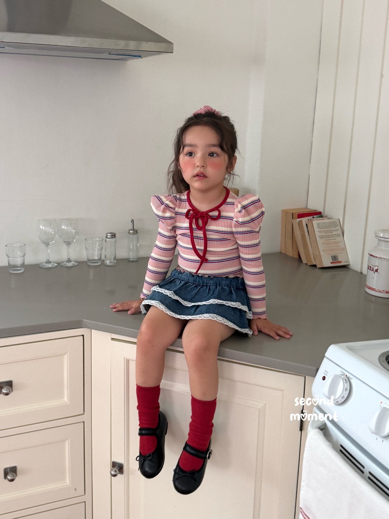 ［second moment］Bubble stripe ribbon tops