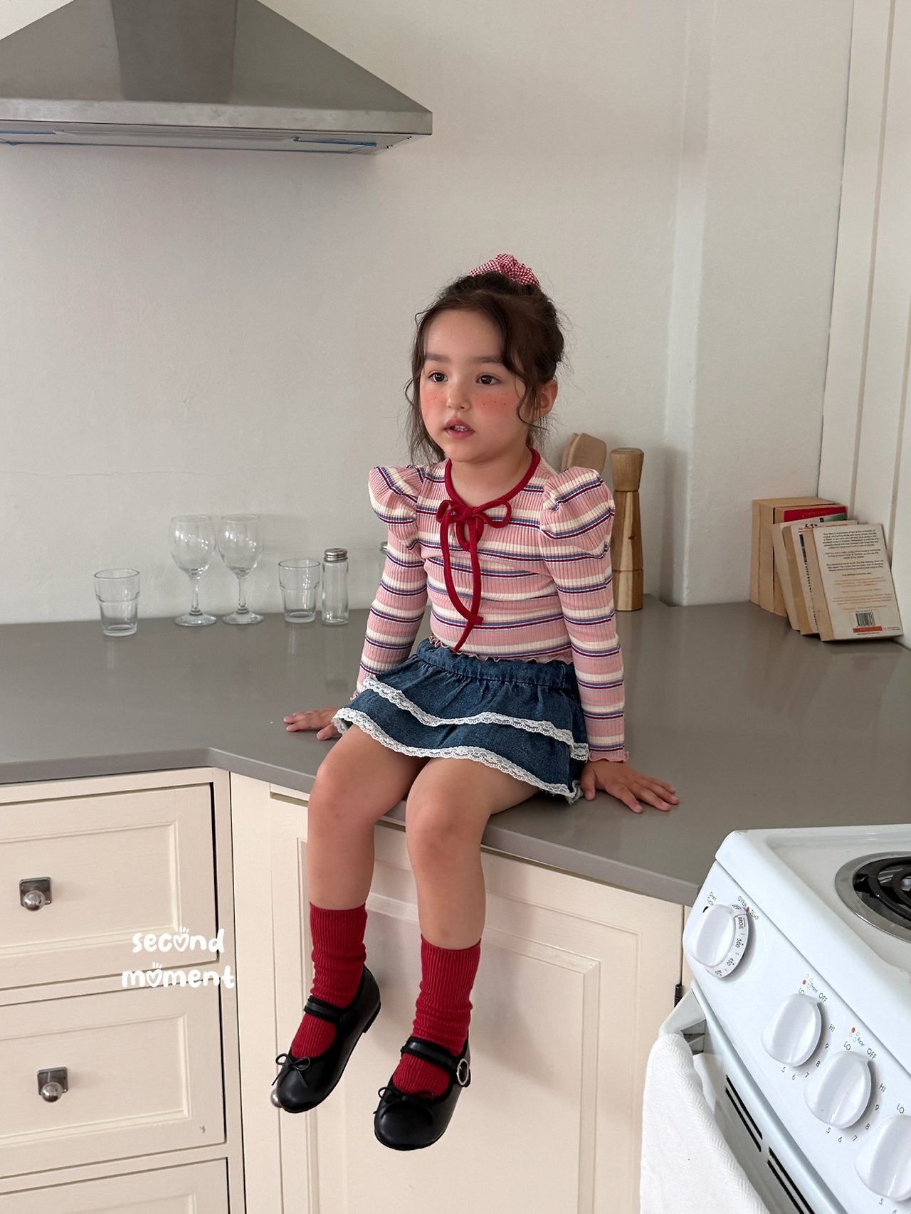 ［second moment］Bubble stripe ribbon tops