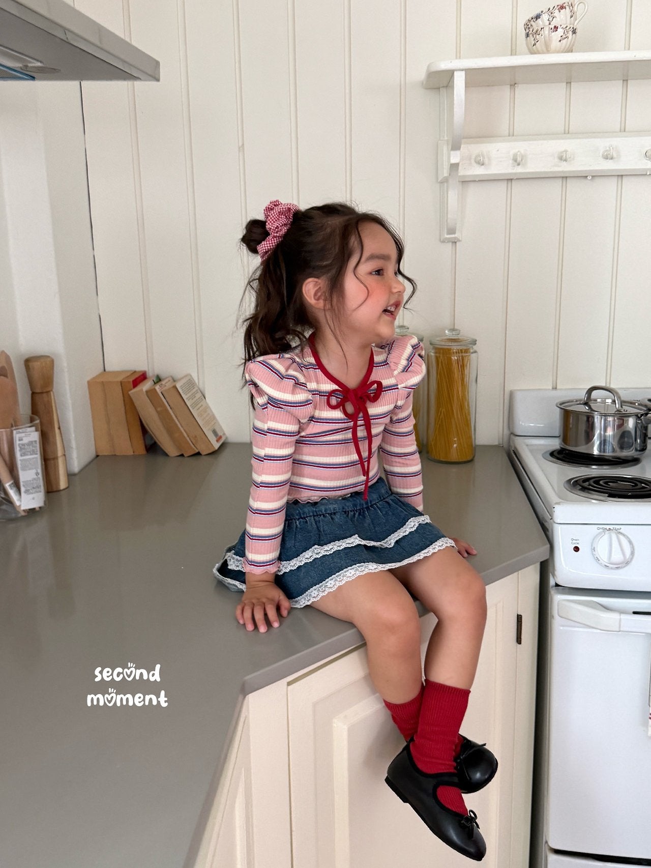 ［second moment］Bubble stripe ribbon tops