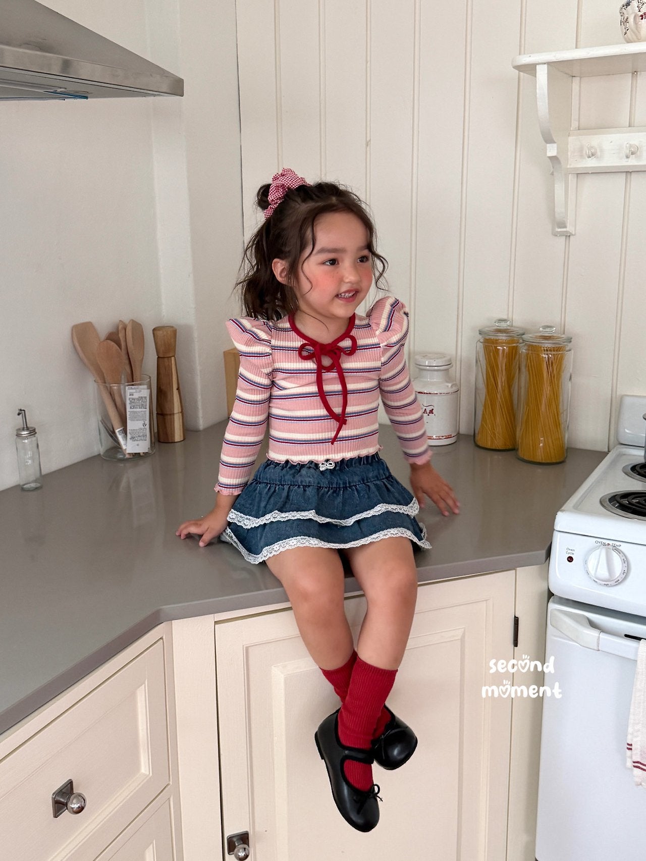 ［second moment］Bubble stripe ribbon tops