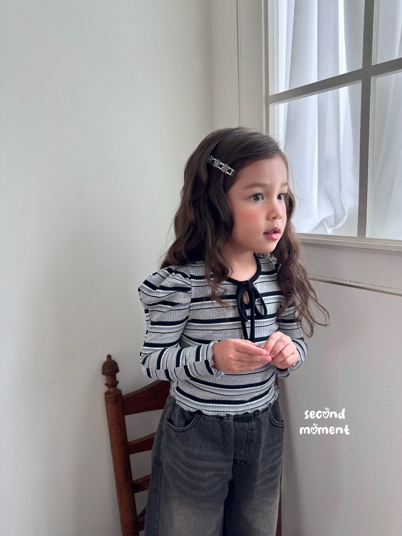 ［second moment］Bubble stripe ribbon tops