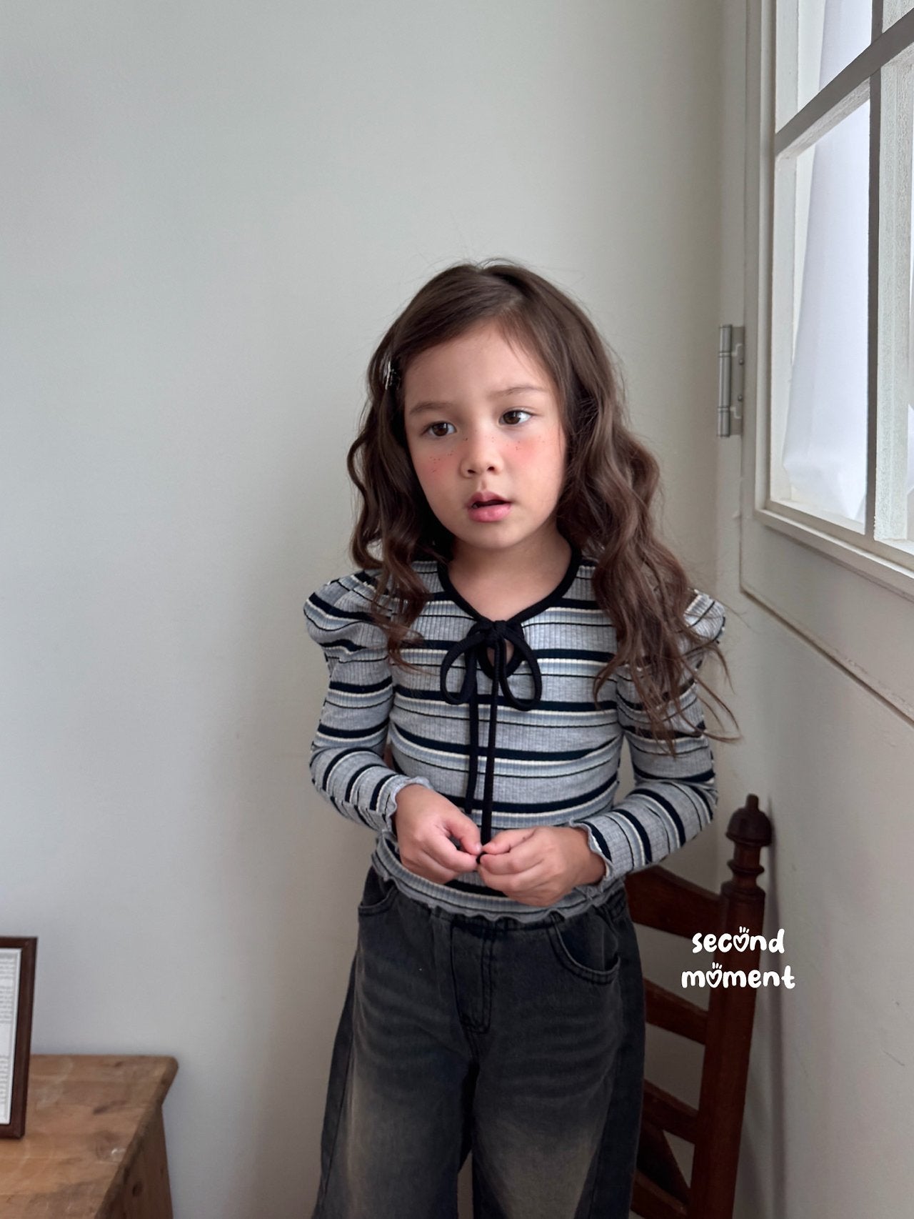 ［second moment］Bubble stripe ribbon tops
