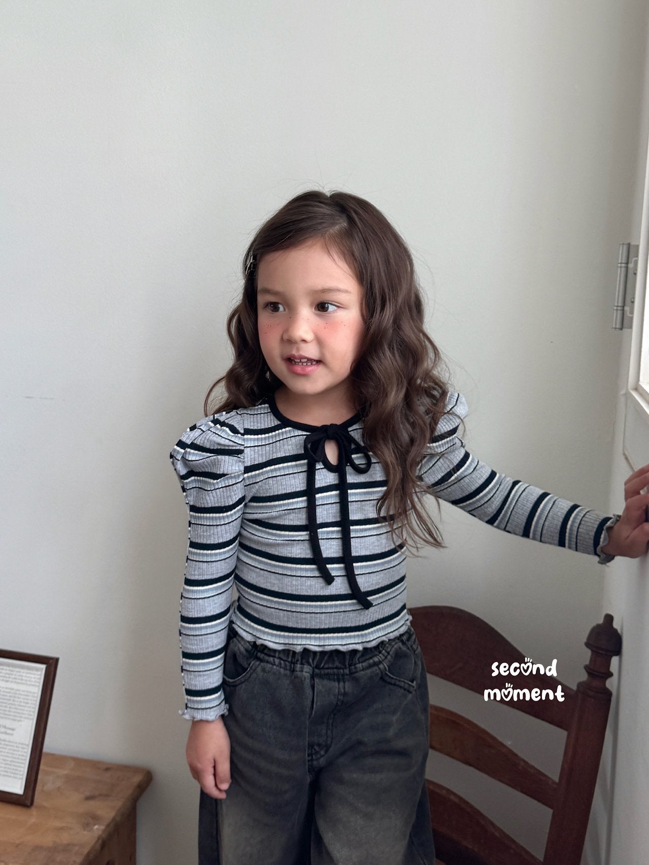 ［second moment］Bubble stripe ribbon tops