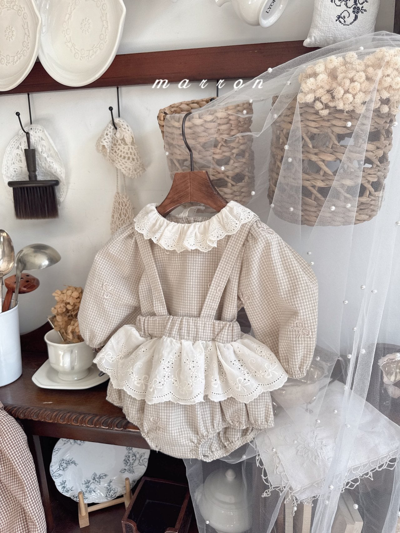 ［marron］Susu lace check blouse
