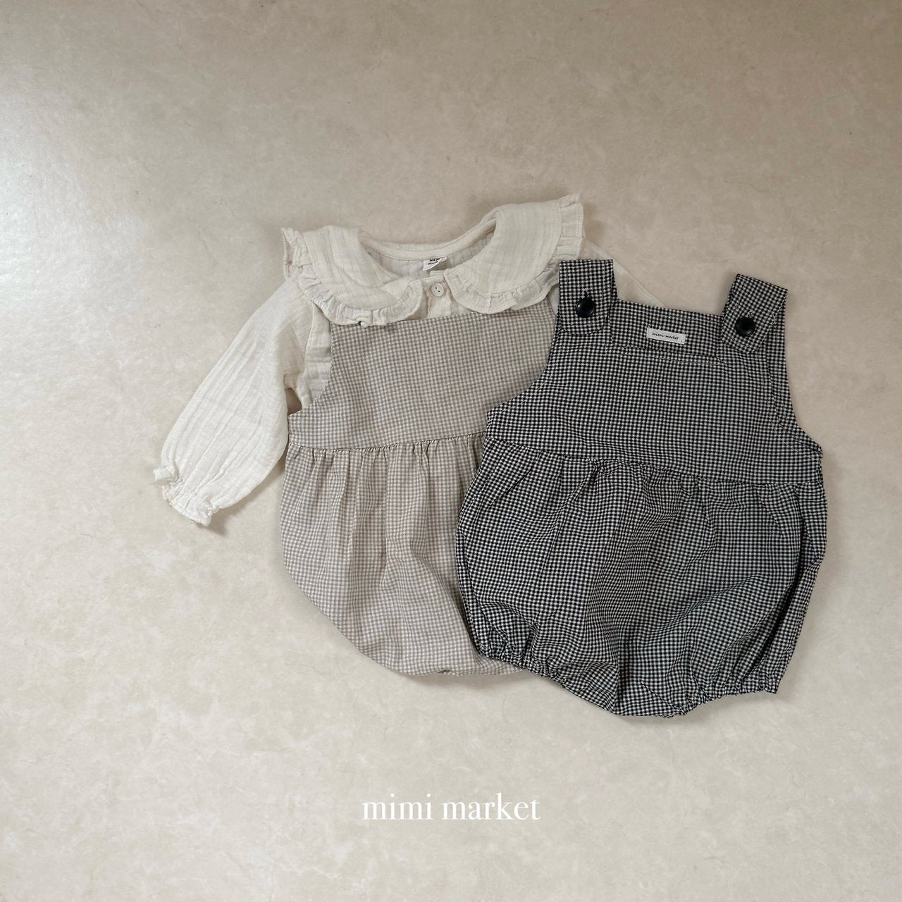 ［mimi market］Mini check suspender rompers