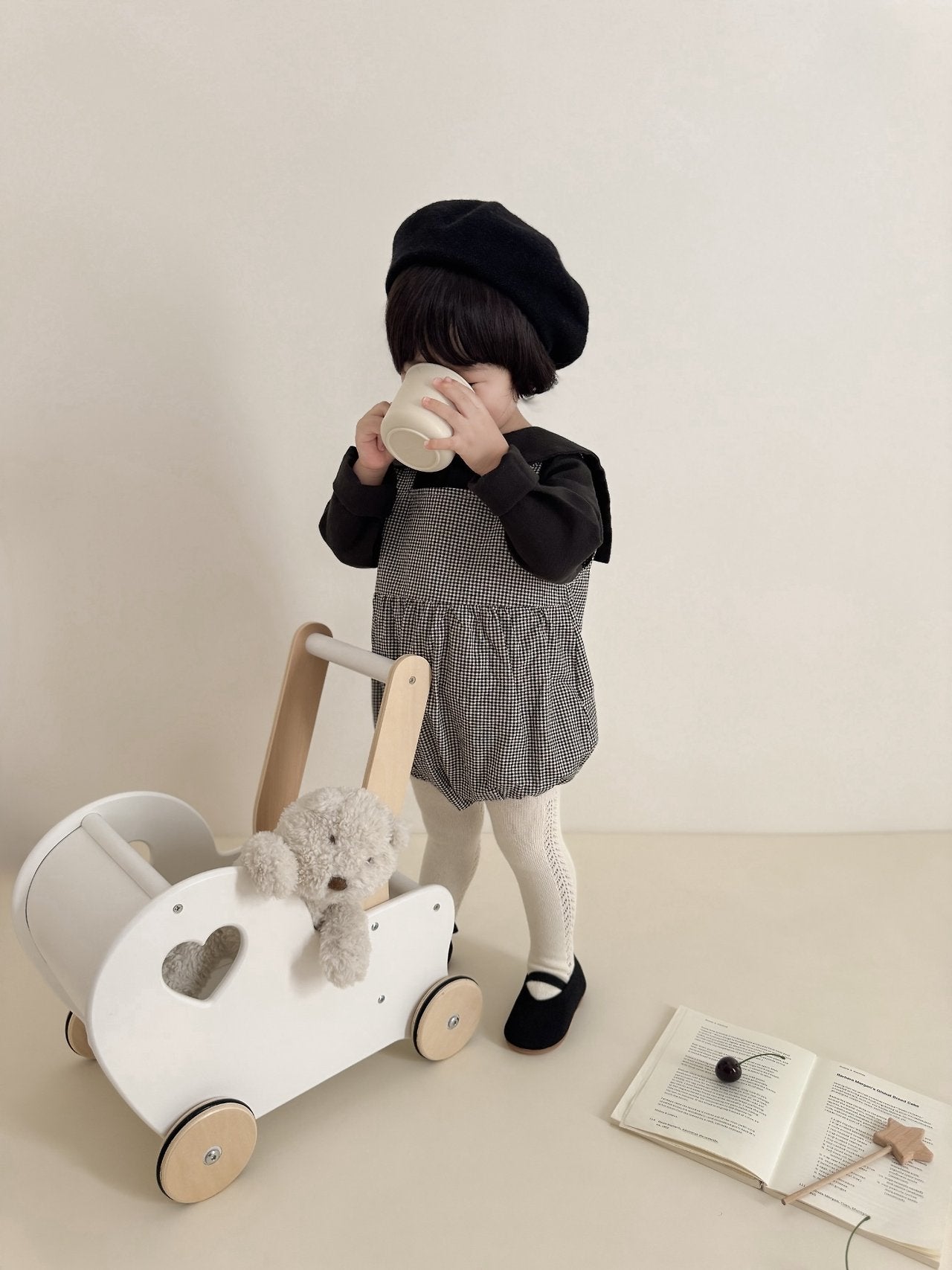 ［mimi market］Mini check suspender rompers
