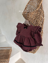 ［marron］Tree check ribbon rompers