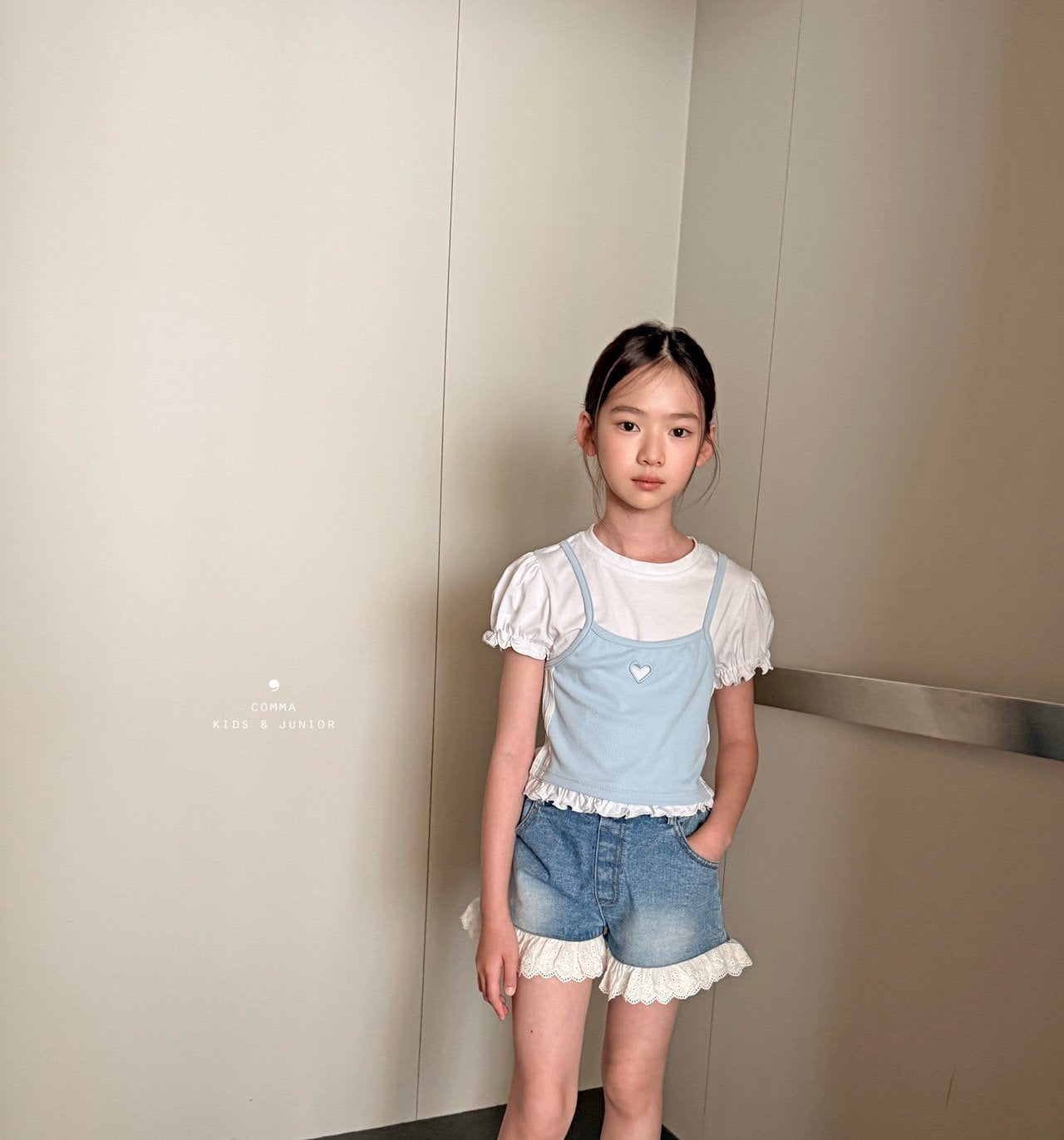 ［comma］Line heart puff tee