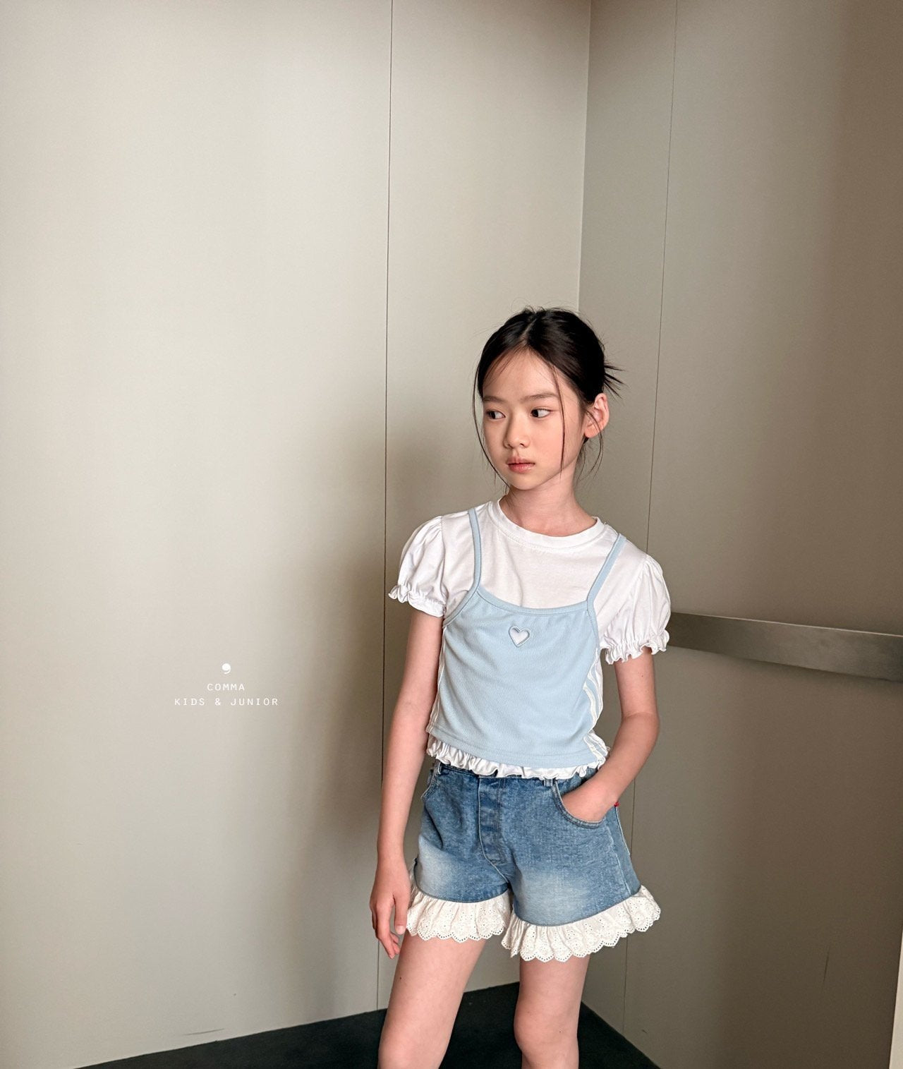 ［comma］Line heart puff tee