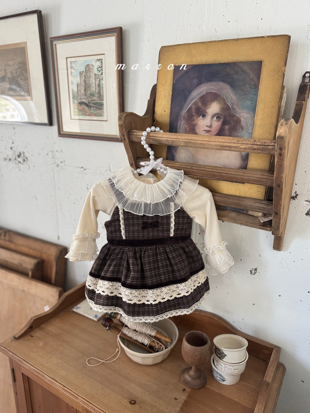 ［marron］Buruni check ribbon rompers