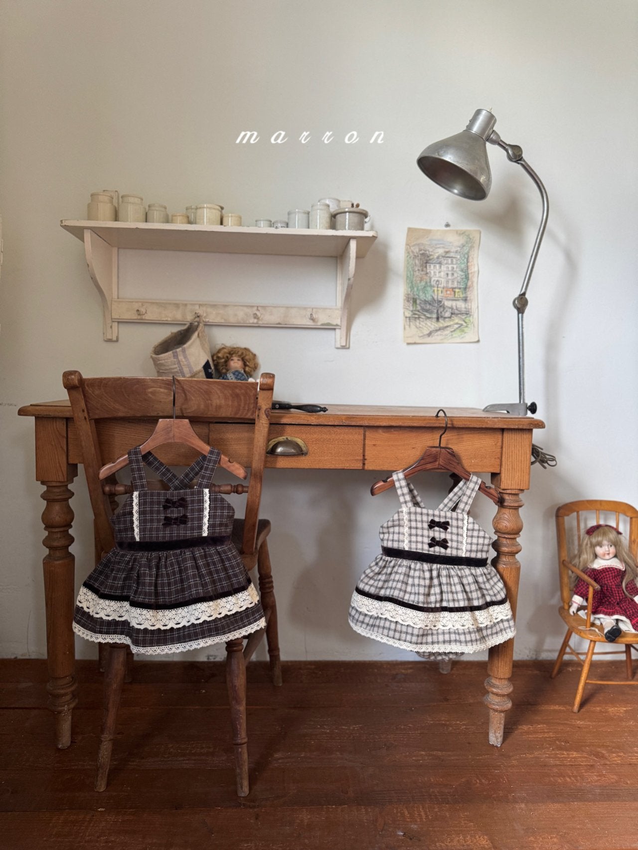 ［marron］Buruni check ribbon rompers