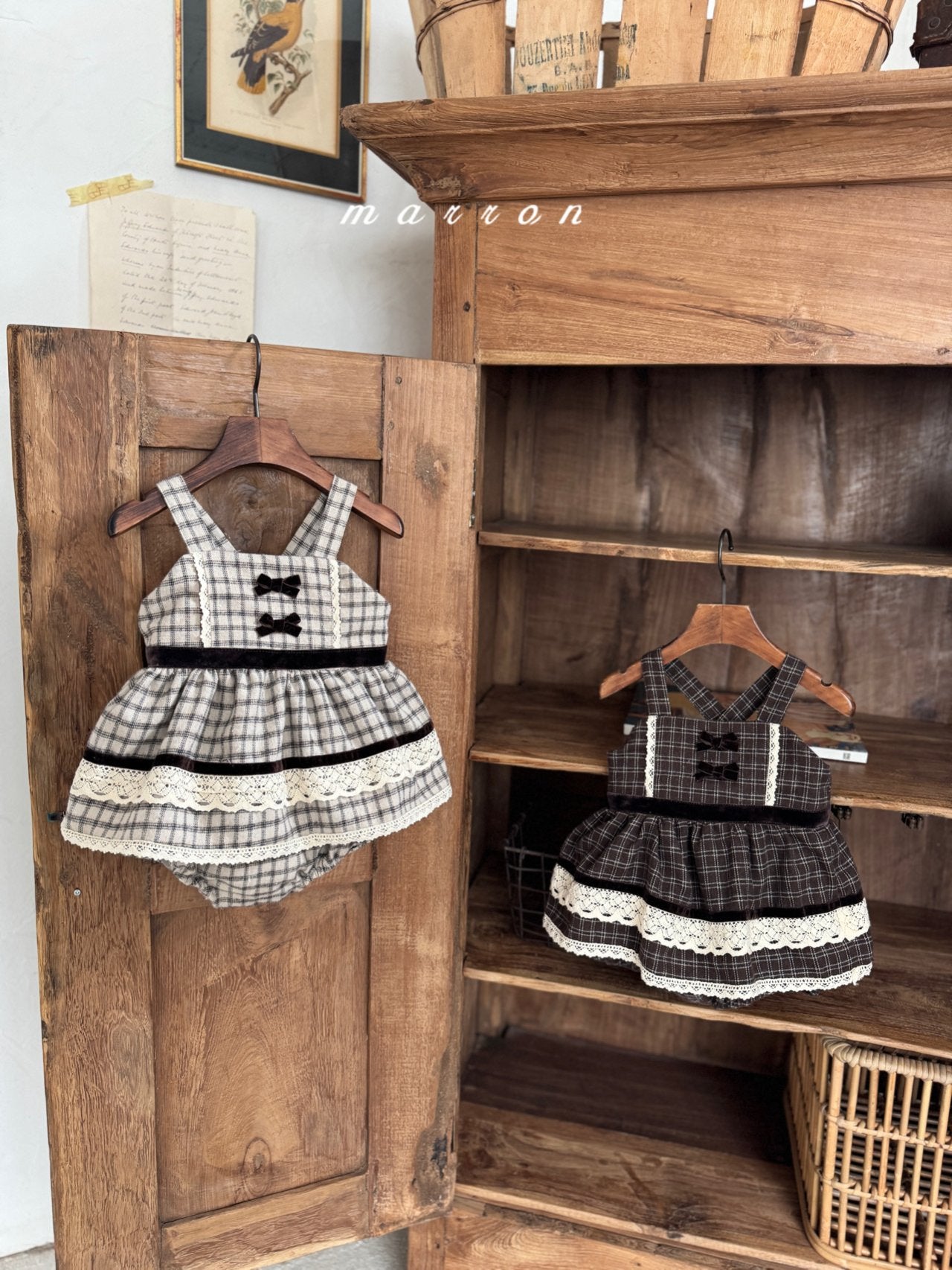 ［marron］Buruni check ribbon rompers