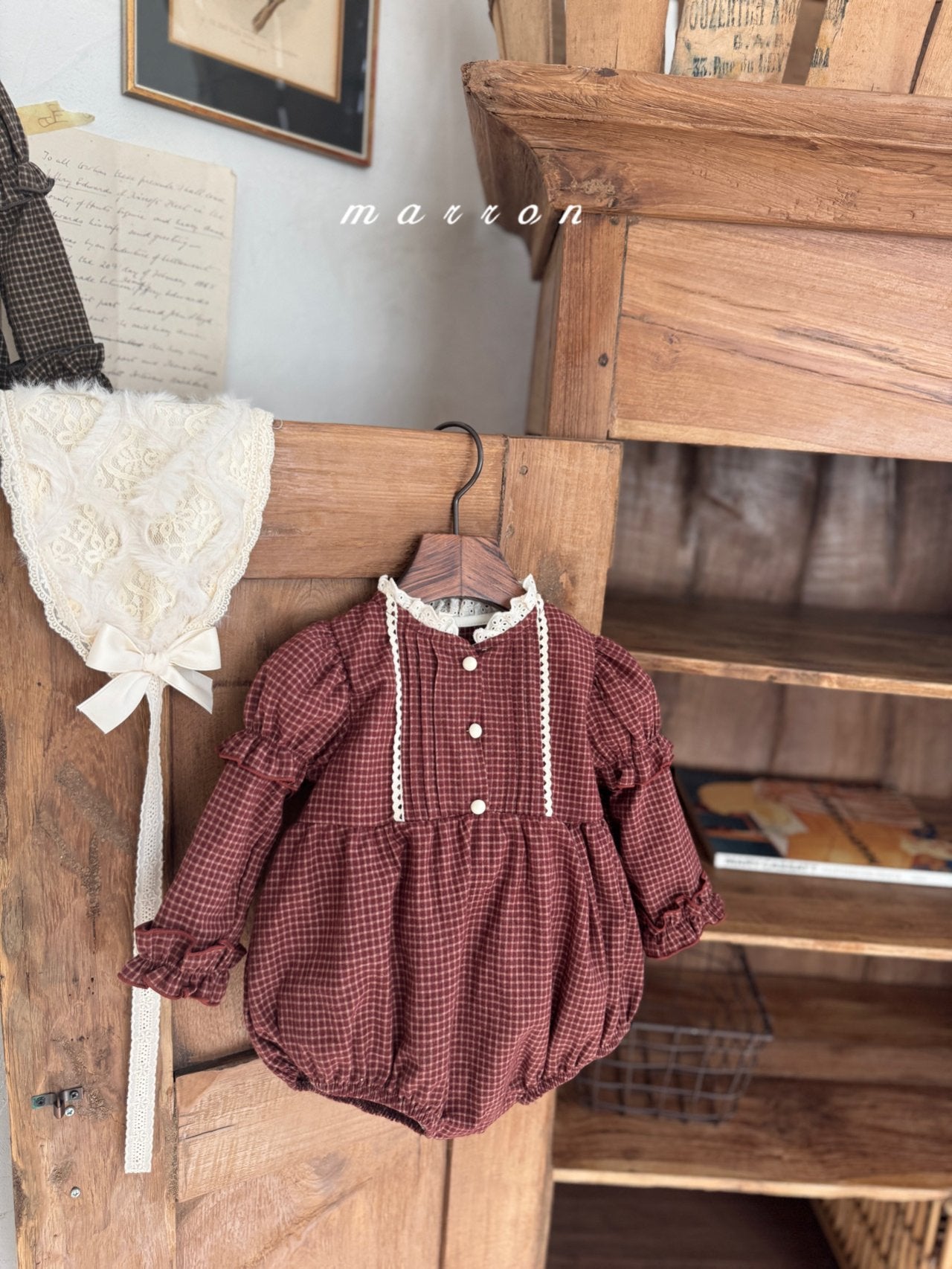 ［marron］Chickles check frill rompers