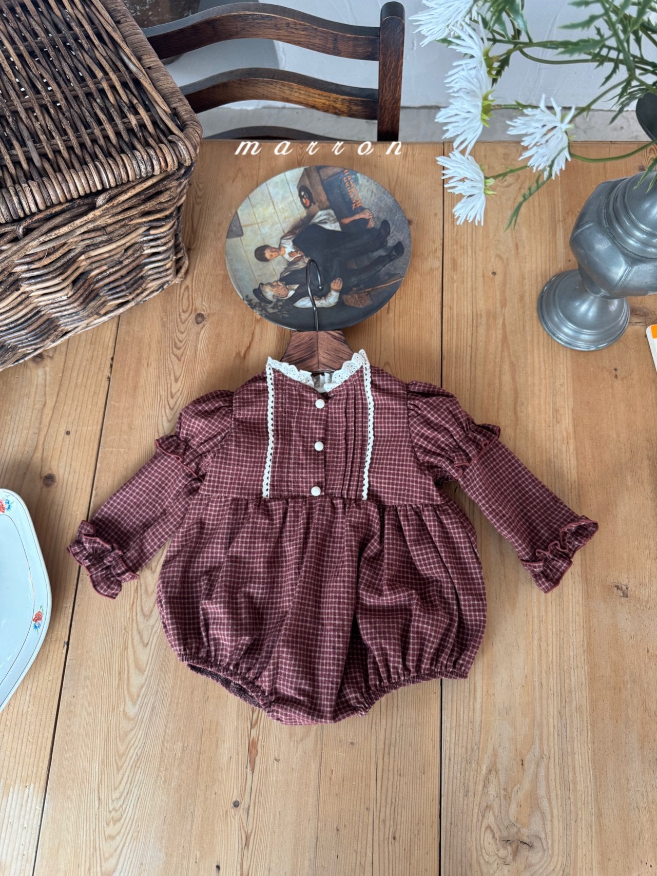 ［marron］Chickles check frill rompers