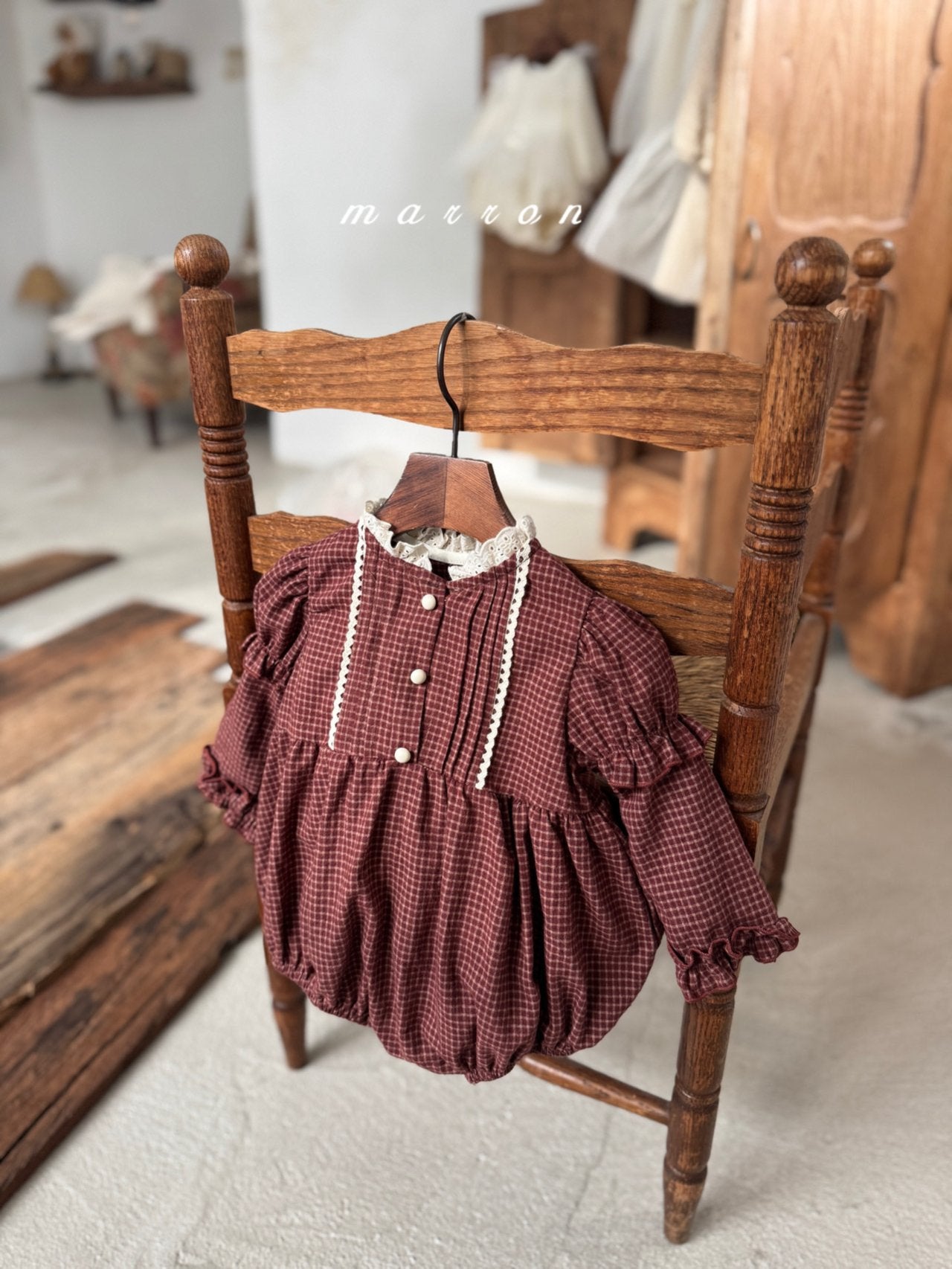 ［marron］Chickles check frill rompers