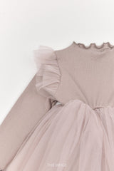 ［The beige］Ribbed Tulle Dress