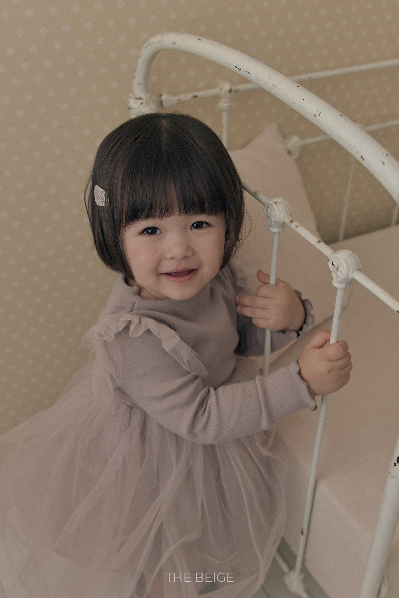 ［The beige］Ribbed Tulle Dress