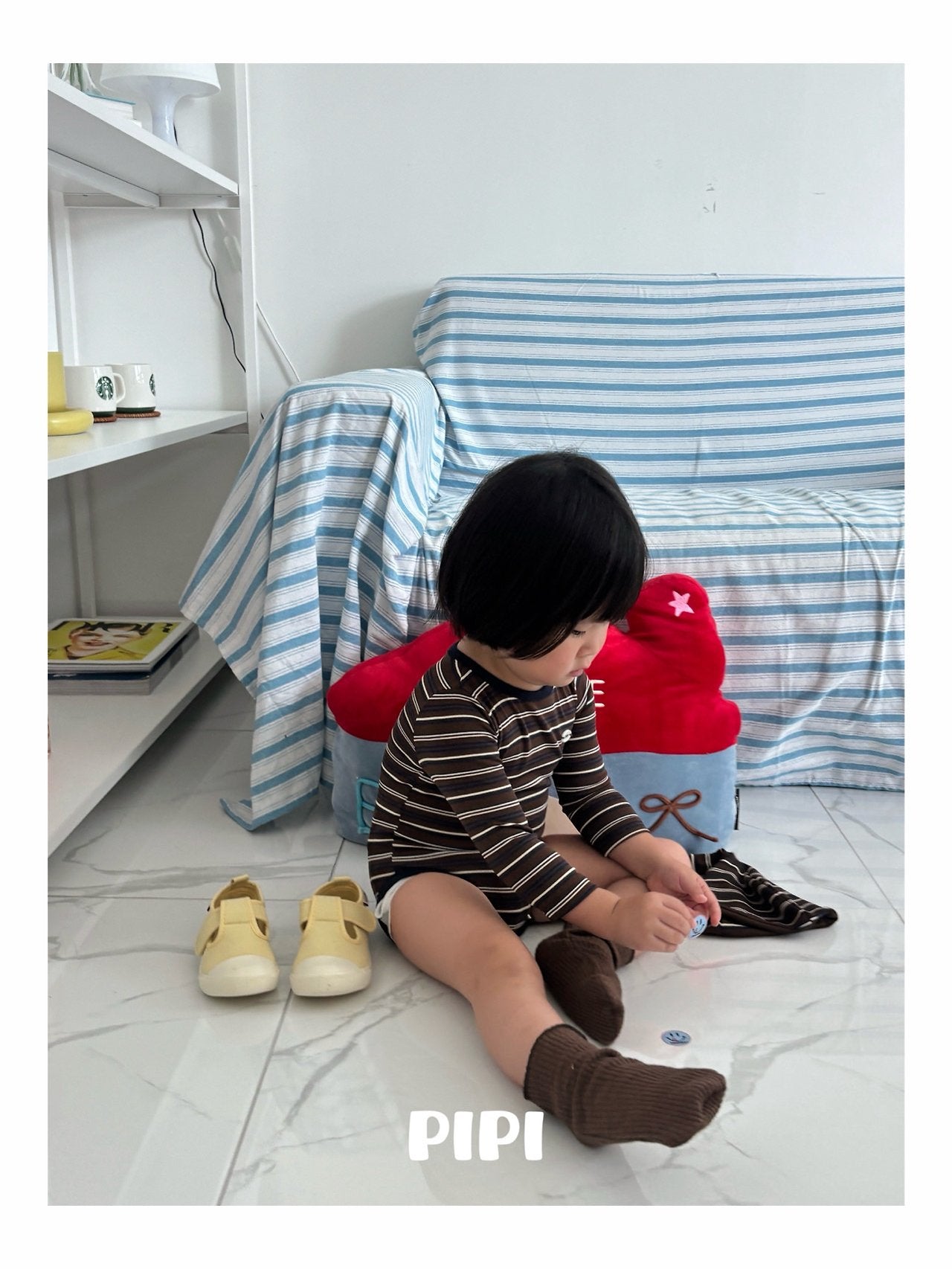 ［pipi］Stripe rompers & beanie set