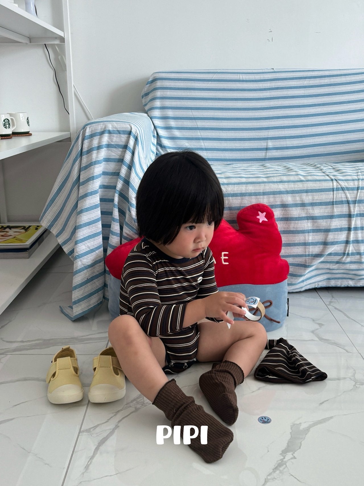 ［pipi］Stripe rompers & beanie set