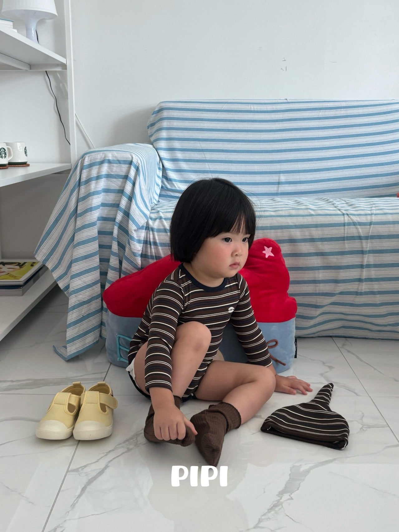 ［pipi］Stripe rompers & beanie set