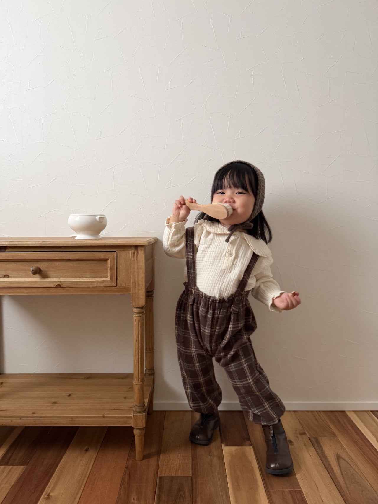 ［mimi market］Neko check suspender pants