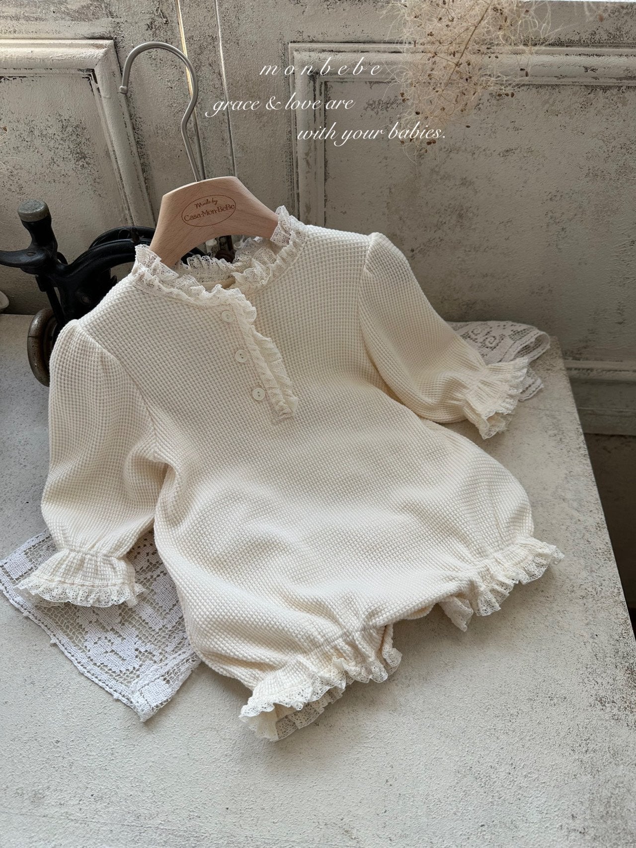 ［monbebe］Waffle double lace rompers