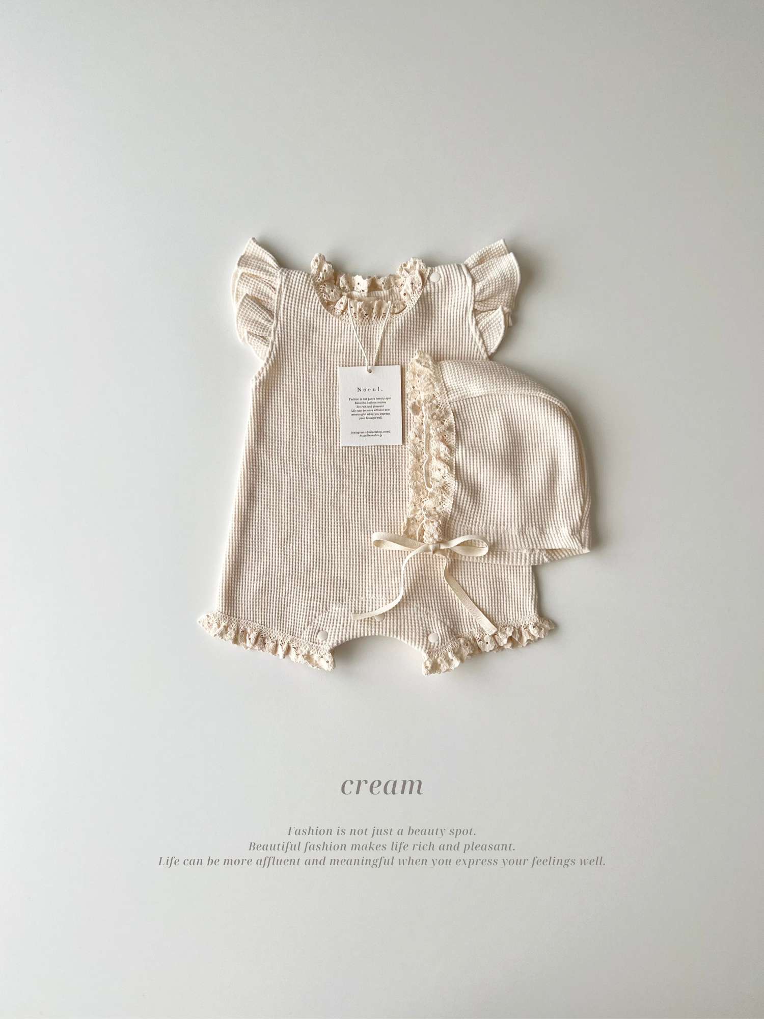 Summer waffle lace rompers set