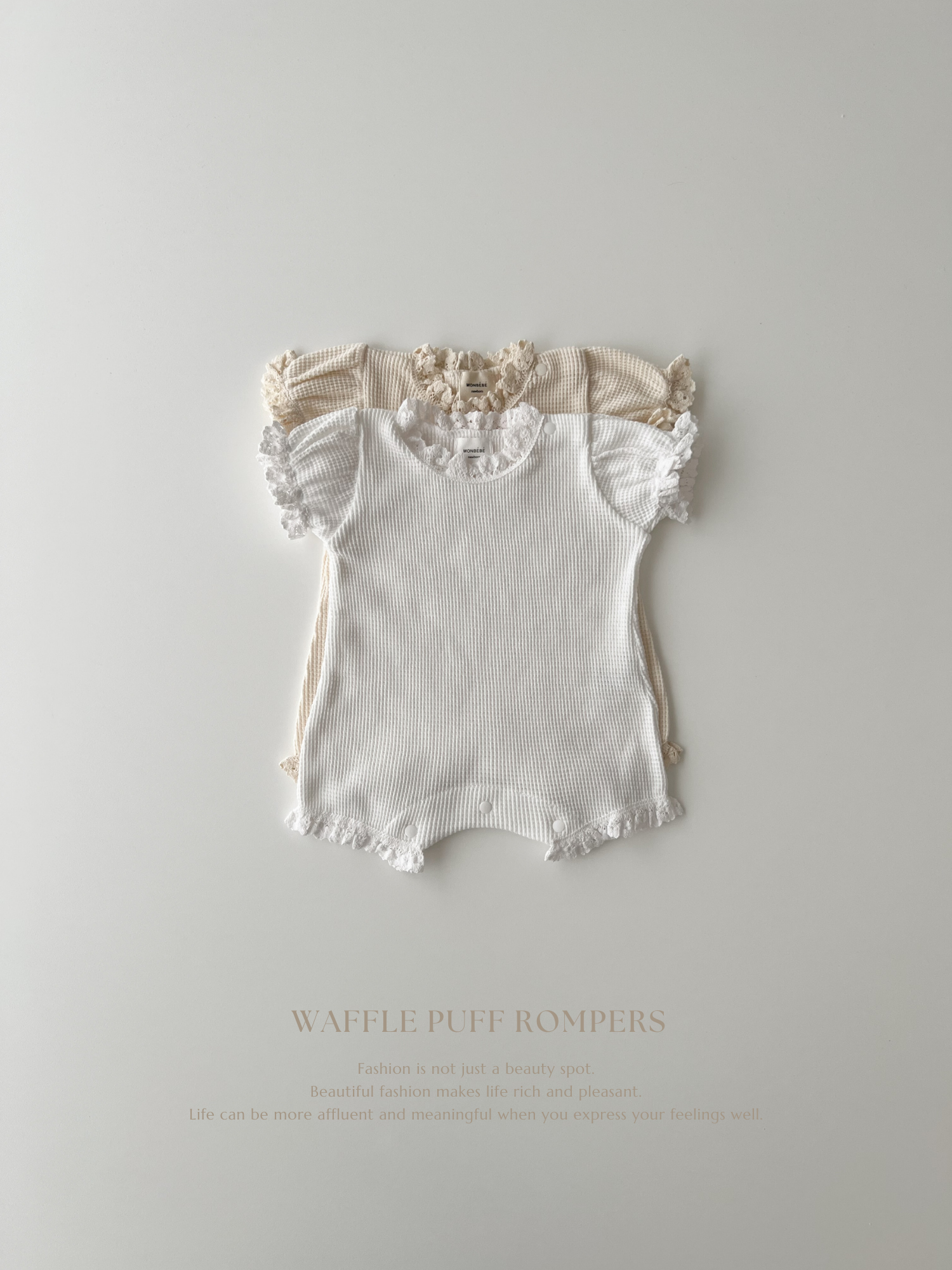 Waffle lace puff rompers